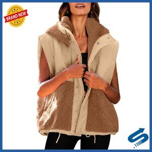 Oversized Sherpa Fleece Vest Hooded Quilted Puffer with Pockets